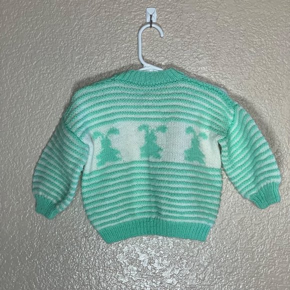vtg Hand Knitted Baby Sweater Bunny Mint Green White Striped Easter 6-12 months? - Picture 7 of 7